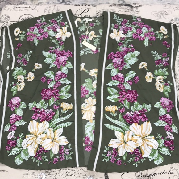 🎁 Max Studio Olive Floral Open Front Kimono Top - Picture 2 of 6